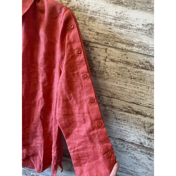 For Cynthia Linen 3/4 Sleeve Button Front Button Sleeve Shirt Red Size Small - Picture 6 of 8